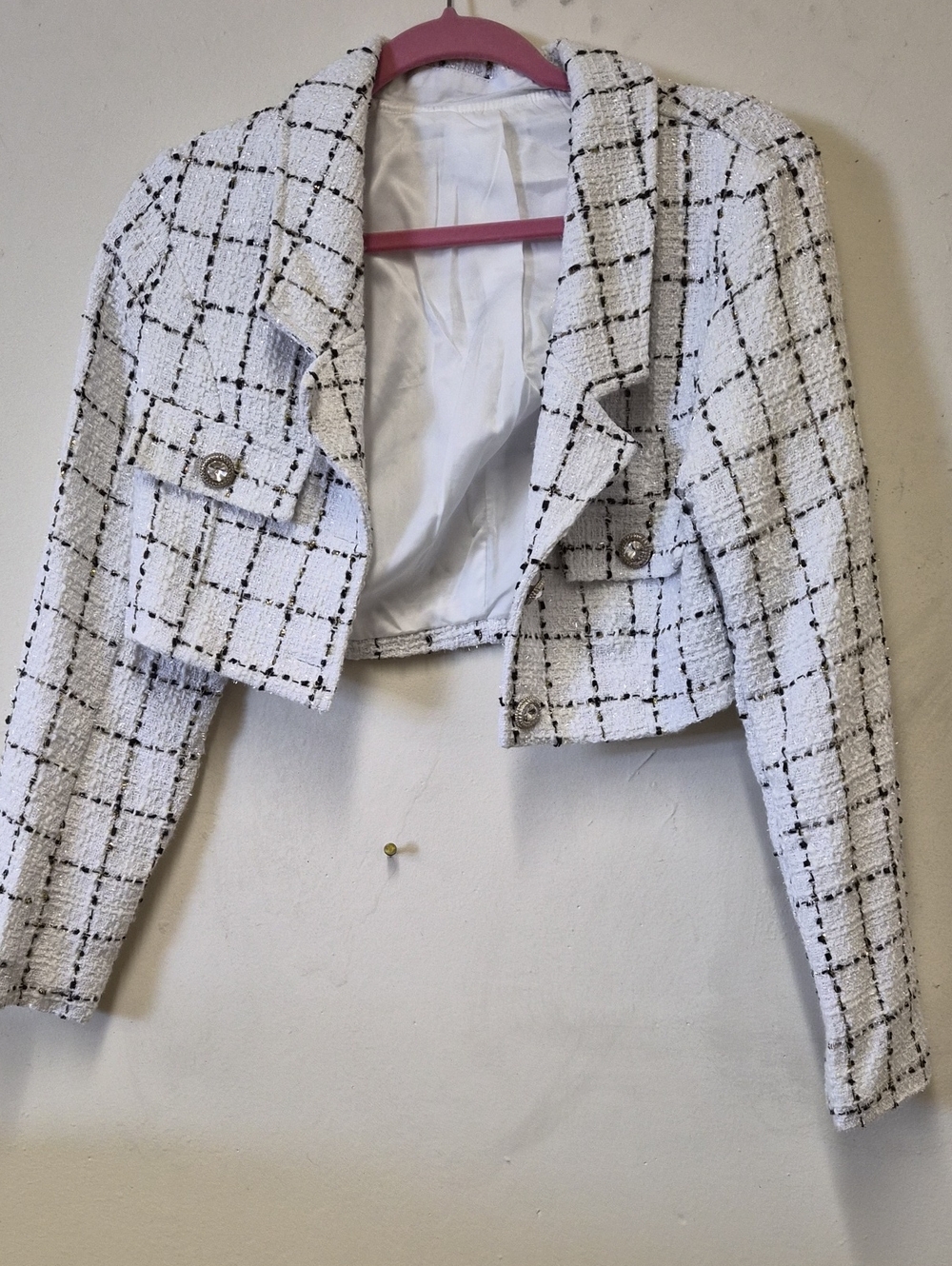 White Windowpane Tweed Cropped Blazer - Women's